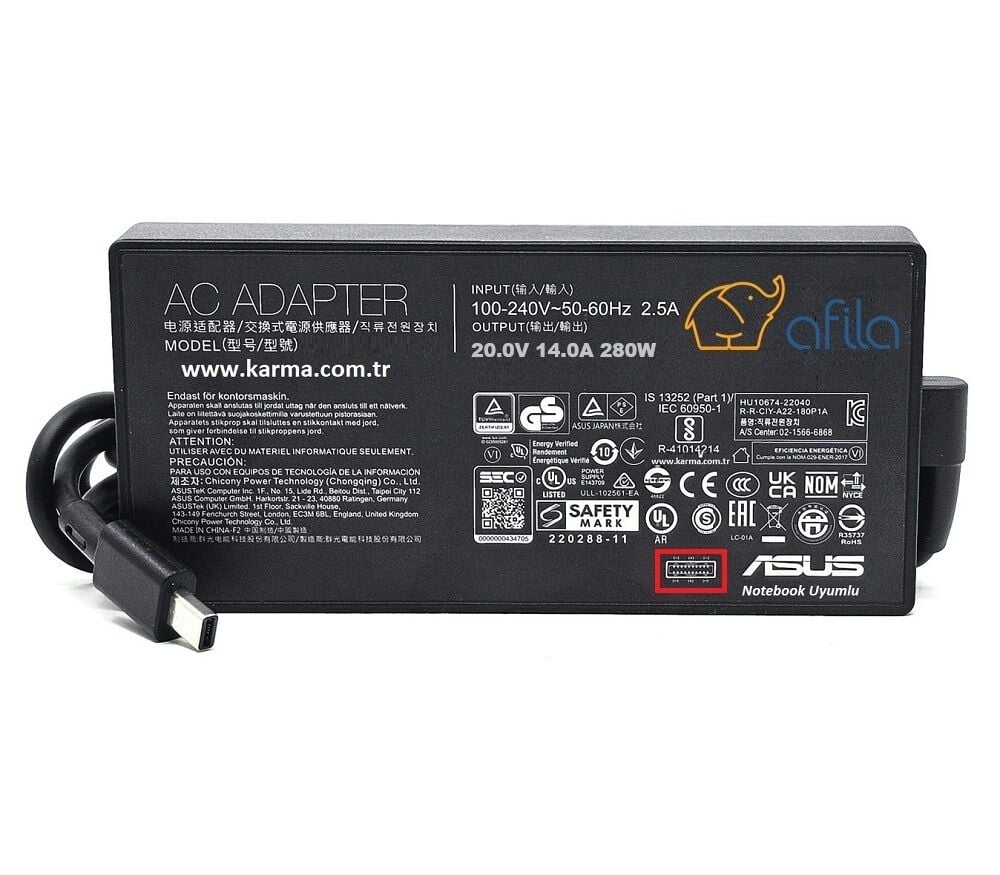 Asus uyumlu 20V 14A 280W Notebook Adaptörü, Şarj Aleti Cihazı USB-C 3P(Compact Plug)