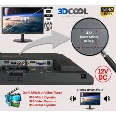 3dcool 3D-19LXAE 19'' inç Fullhd 1080P HDMI VGA Av USB Vesa Hoparlörlü Monitör