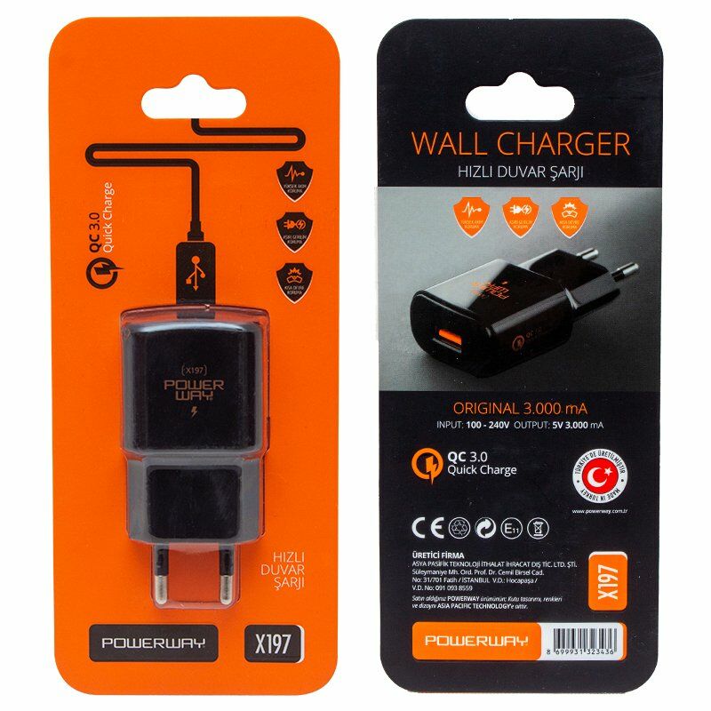 POWERWAY X197 5V 3A MİCRO USB HIZLI ŞARJ KAFA BAŞLIK ADAPTÖRÜ (5.0V/3000ma)