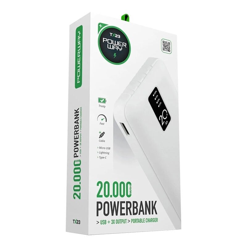 Powerway Tx23 Beyaz Dijital Göstergeli Ekstra Kablolu 20000Mah PowerBank