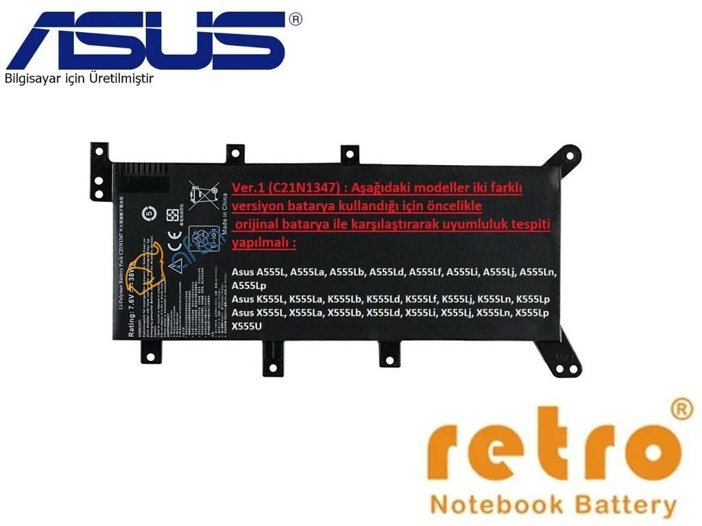 Asus K555LB-XO408T Notebook Bataryası, Laptop Pili / Ver.1