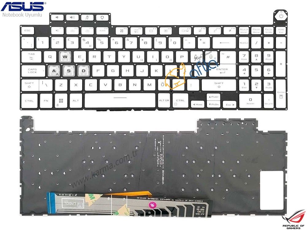 Asus TUF Dash F15 FX517ZE-HN066W uyumlu Notebook Klavyesi (Beyaz TR) RGB ışıklı