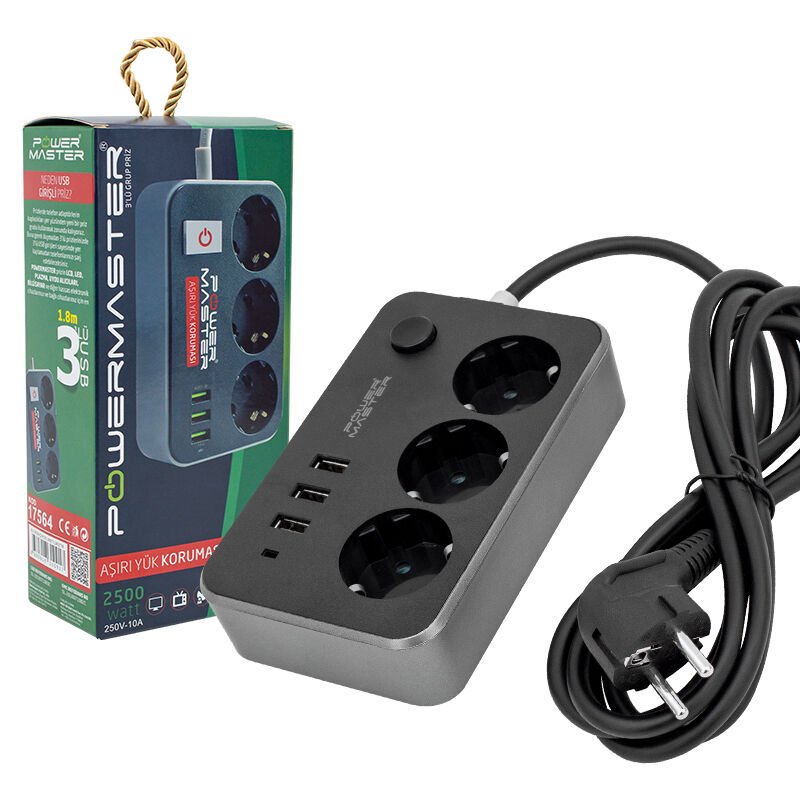 POWERMASTER PM-17564 3 USB ÇIKIŞLI 3'LÜ 1.8 METRE KABLOLU AKIM KORUMALI PRİZ 10A-2500 WATT