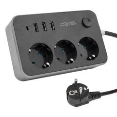 POWERMASTER PM-17564 3 USB ÇIKIŞLI 3'LÜ 1.8 METRE KABLOLU AKIM KORUMALI PRİZ 10A-2500 WATT