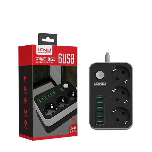 LDNIO SE-3631 3 LÜ PİRİZ 6 USB 3.4Amper Tablet+Ceptelefonu Adaptör (Şarj Cihazı)