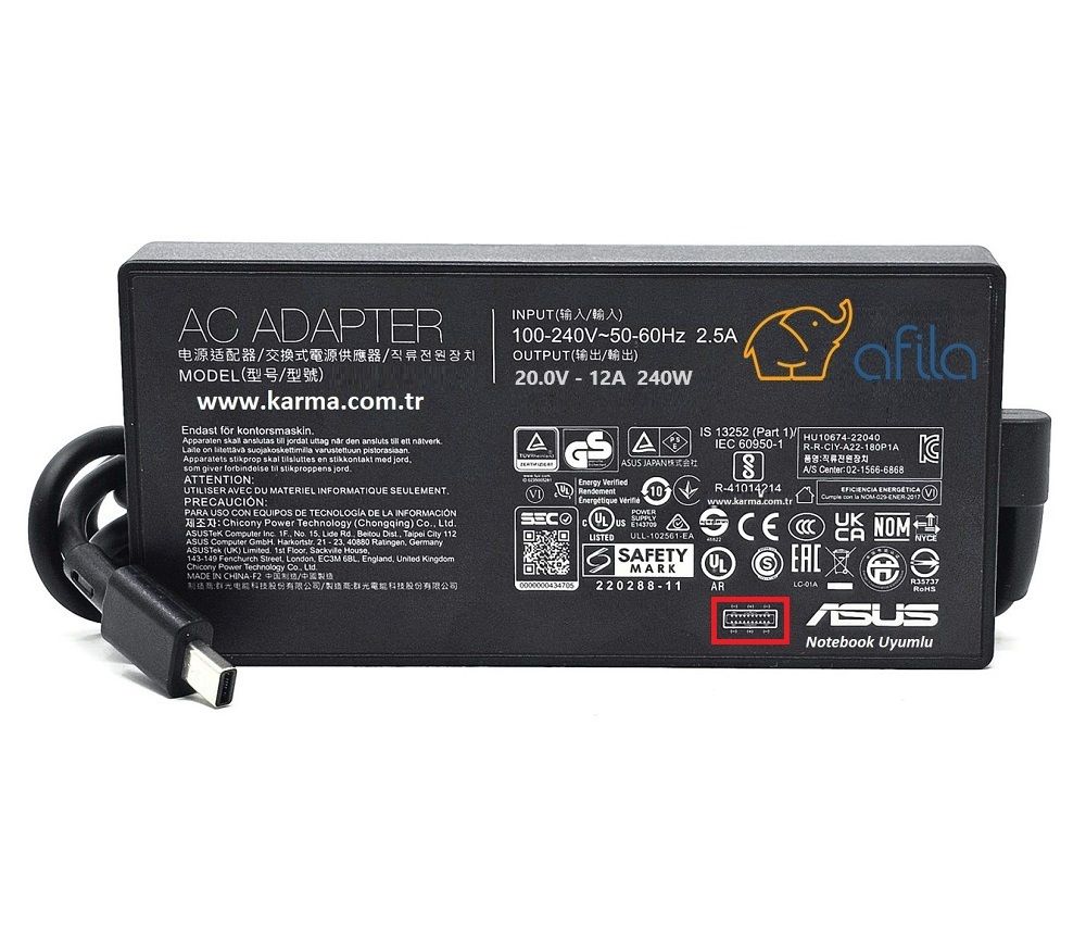 Asus uyumlu 20V 12A 240W Notebook Adaptörü, Şarj Aleti Cihazı USB-C 3P(Compact Plug)