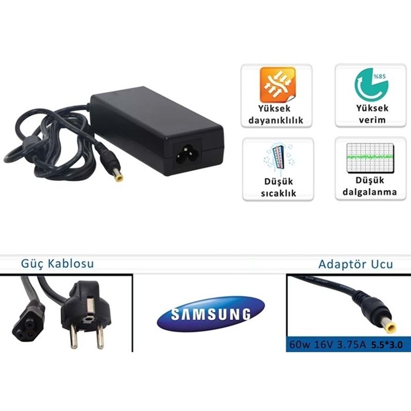 Samsung 16V 3.75A 60W, 5.5x3.0mm Notebook Adaptörü, Şarj Aleti Cihazı